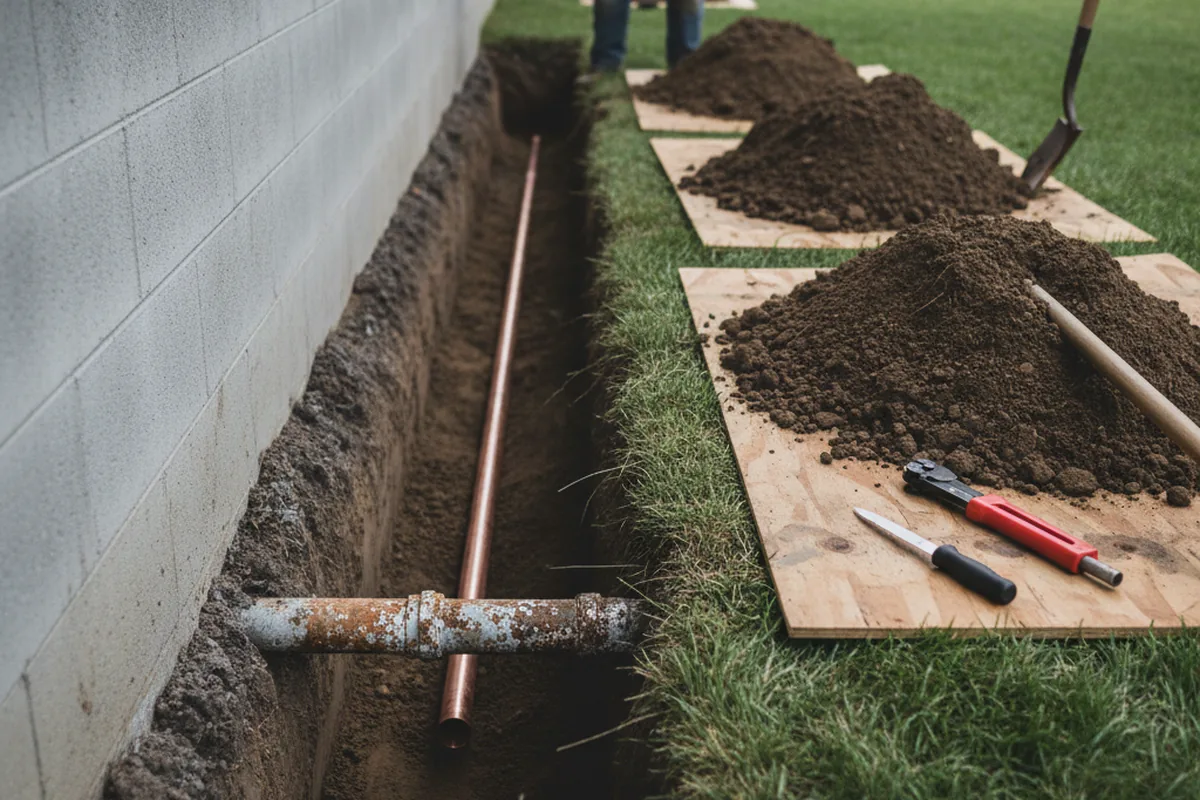 Excavated water line trench during Sewer Line Repair in Cherry Tree